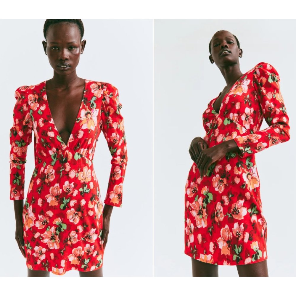H&M Red Floral Puff Sleeve Mini Dress V Neck Romantic Size L NWT